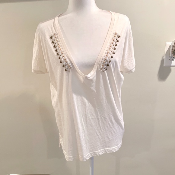 J. Crew Heather Beige Beaded V-neck Tee - Picture 4 of 10